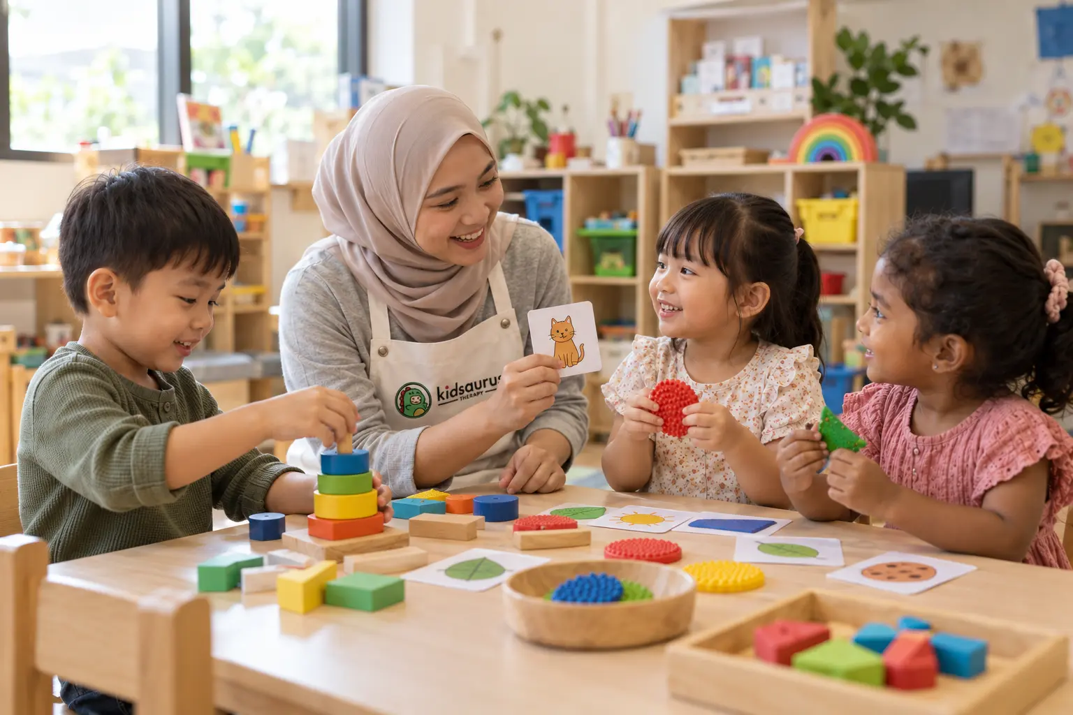 Kidsaurus facilitator guiding three young children through sensory, speech and social play activities