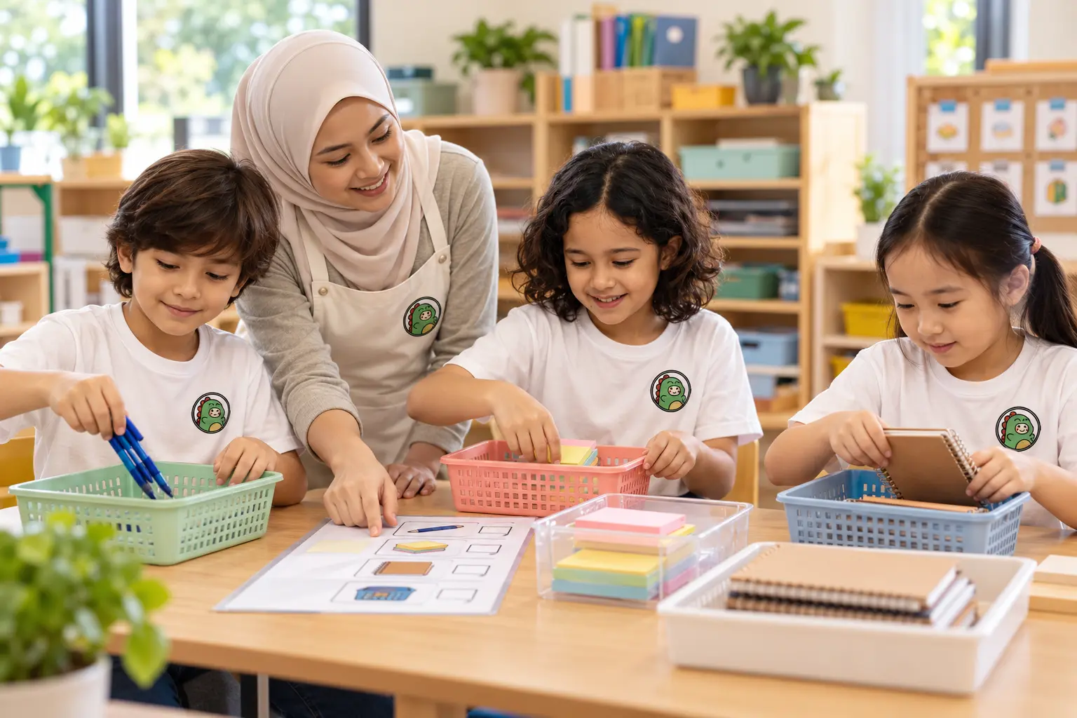 School-age children in Kidsaurus T-shirts practising vocational skills
